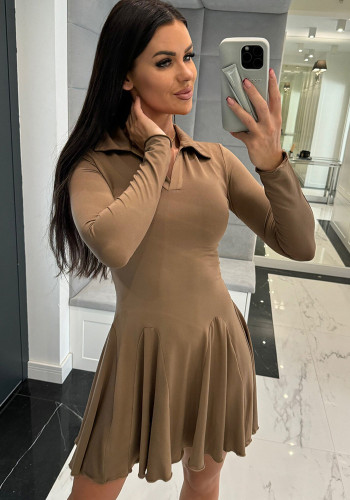 Women Fall Solid Long Sleeve Turndown Collar Ruffle Dress