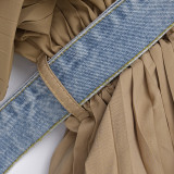 Women's Autumn Ruffle Contrast Color Patchwork Belt Turndown Collar Denim Jacket