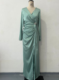 Summer V-Neck Solid Color Long-Sleeved Slim Women's Long Dress