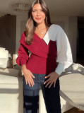 Chic Color Matching Design Off-Shoulder Long-Sleeved Knitting Sweater