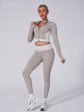 Women Houndstooth Yoga Sports Fitness Yoga Suit Two-Piece Set