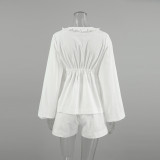 Summer Comfortable Style Sexy White V-Neck Slim Waist Lace-Up Long-Sleeved Top Shorts Linen Ruffle Two Piece Set