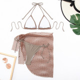Sexy Bikini Solid Color Two Pieces Swimsuit Women Fishnet Skirt Three-Piece Set