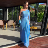 Summer Solid Color Fashion Slash Shoulder Raglan Sleeve Slim Waist Pleated Long Dress