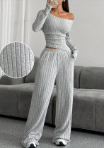 Autumn And Winter Casual Solid Color High Collar Knitting Long Sleeve Top Loose Trousers Two-Piece Set
