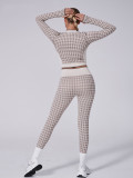 Women Houndstooth Yoga Sports Fitness Yoga Suit Two-Piece Set