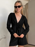 Black V-Neck Linen Long Sleeve Top Shorts Autumn And Winter Fashion Two-Piece Set