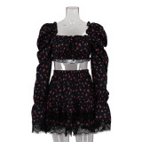 Women's Lace Patchwork Printed Bell Bottom Sleeve Crop Top Ruffle Skirt Two-Piece Set