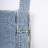 Women's Autumn Ruffle Contrast Color Patchwork Belt Turndown Collar Denim Jacket