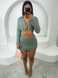 Women Autumn Long Sleeve Crop Jacket and Bodycon Skirt Solid Two-Piece Set