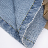 Women's Autumn Ruffle Contrast Color Patchwork Belt Turndown Collar Denim Jacket