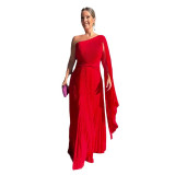 Summer Solid Color Fashion Slash Shoulder Raglan Sleeve Slim Waist Pleated Long Dress