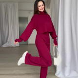 Autumn Casual Long-Sleeved Knitting High-Neck Sweater Trousers Two-Piece Set