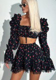 Women's Lace Patchwork Printed Bell Bottom Sleeve Crop Top Ruffle Skirt Two-Piece Set