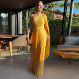 Summer Solid Color Fashion Slash Shoulder Raglan Sleeve Slim Waist Pleated Long Dress