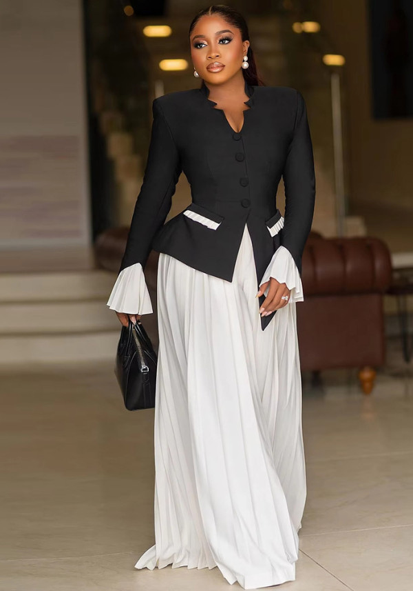 Plus Size Women Bell Bottom sleeves Top and pleated Skirt two-piece set