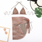 Sexy Bikini Solid Color Two Pieces Swimsuit Women Fishnet Skirt Three-Piece Set