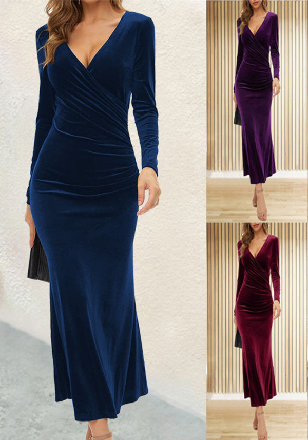 Autumn Winter Slim Elegant V-Neck Long Sleeve Fishtail Evening Dress