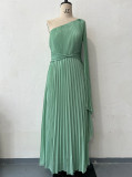 Summer Solid Color Fashion Slash Shoulder Raglan Sleeve Slim Waist Pleated Long Dress