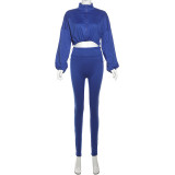 Spring And Autumn Sexy Drawstring Slim Waist Crop Top High Waist Tight Fitting Trousers Two Piece Set