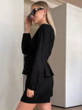 Black V-Neck Linen Long Sleeve Top Shorts Autumn And Winter Fashion Two-Piece Set