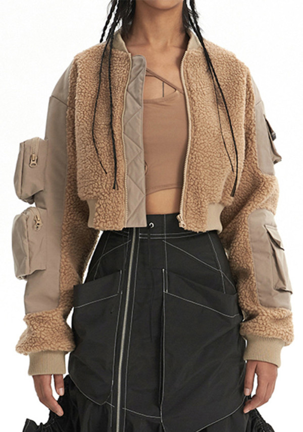 Fashionable Winter Lamb Wool Patchwork Multi-Pocket Short Zipper Jacket