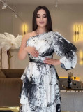 Summer U-Neck Printed Long-Sleeved Bell Bottom Sleeve Fashionable Slim Women's Dress
