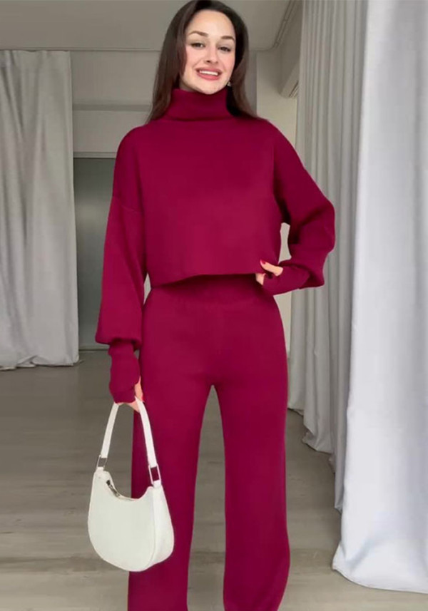 Autumn Casual Long-Sleeved Knitting High-Neck Sweater Trousers Two-Piece Set