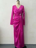 Summer V-Neck Solid Color Long-Sleeved Slim Women's Long Dress