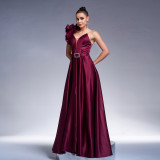 Chic One Shoulder Slash Shoulder Formal Party Slim Waist Evening Dress Women Bridesmaid Gown