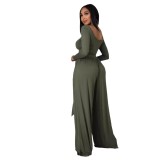Fashion Solid Color Casual Round Neck Long-Sleeved Top Wide-Leg Trousers Two Piece Set
