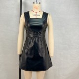 Women's Clothing Pu Leather Slim Waist Square Neck Solid Color Lace-Up Slim Fit Sleeveless Mini Dress