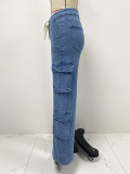 Spring Street Cargo Pants Women Multi-Pocket Wide-Leg Denim Pants