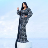 Plus Size Women's Long Sleeve V-Neck Formal Party Sequin Belt Evening Dress
