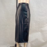 Women's Clothing Solid Color High Waist Slim Slit Leather Skirt