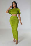 Solid Color Sexy Short-Sleeved Crop Top Slim Long Skirt Two Piece Set
