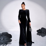 Chic Round Neck Long Sleeve Beaded Formal Party Bodycon Evening Dress Women Bridesmaid Gown