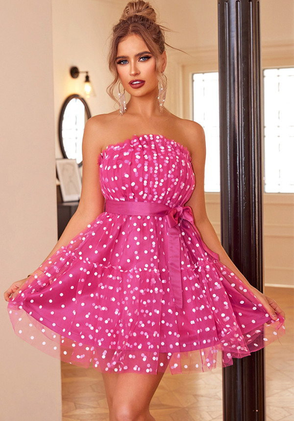 Women's Polka Dot Print Strapless Belt A-Line Dress