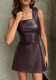 Women's Clothing Pu Leather Slim Waist Square Neck Solid Color Lace-Up Slim Fit Sleeveless Mini Dress