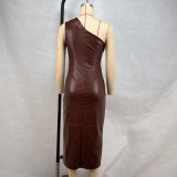 Women's Slash Shoulder Pu Leather Sexy Nightclub Dress