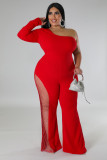 Women's Fashion One-Shoulder Long-Sleeved Mesh Patchwork One-Piece Flared Leg Jumpsuit