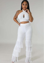 Women's Cross Halter Neck Solid Color Top Sexy Slim Mesh Tassel Pants Two Piece Set