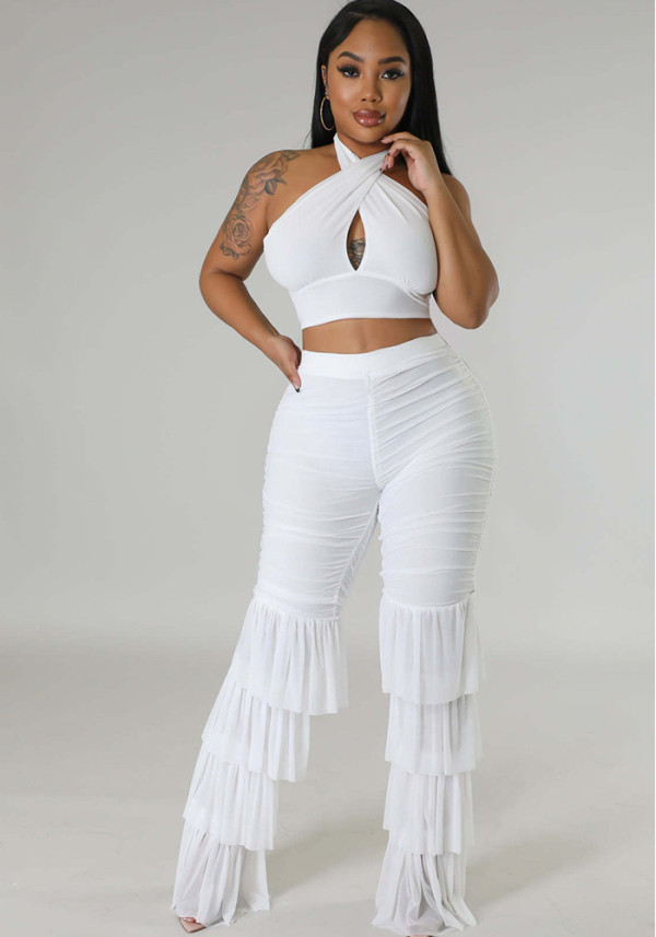 Women's Cross Halter Neck Solid Color Top Sexy Slim Mesh Tassel Pants Two Piece Set