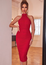 Women's Sexy Tight Fitting High-Neck Sleeveless Pleated Slim Bodycon Dress