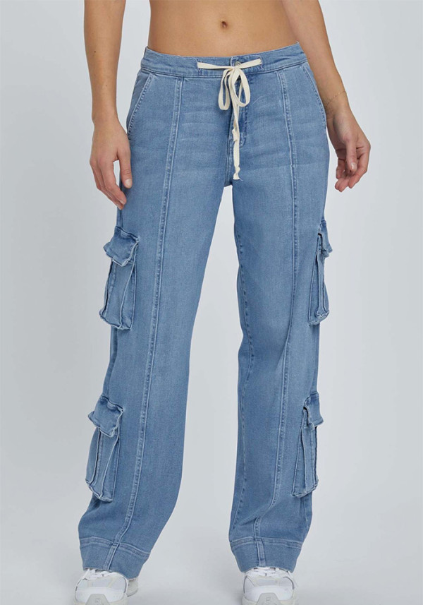 Spring Street Cargo Pants Women Multi-Pocket Wide-Leg Denim Pants