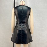 Women's Clothing Pu Leather Slim Waist Square Neck Solid Color Lace-Up Slim Fit Sleeveless Mini Dress