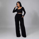Fashion Solid Color Casual Round Neck Long-Sleeved Top Wide-Leg Trousers Two Piece Set