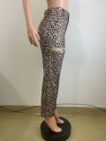 Fashionable High Waist Hollow Leopard Print Diamond Casual Trousers