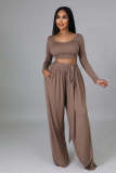 Fashion Solid Color Casual Round Neck Long-Sleeved Top Wide-Leg Trousers Two Piece Set