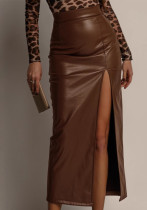 Women's Clothing Solid Color High Waist Slim Slit Leather Skirt